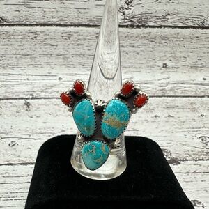 White Water Turquoise and Red Coral Cactus Silver Ring